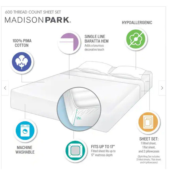 Madison Park 600 Thread Count Pima Cotton Sateen 7-pc Sheet Set, Split King - Picture 6 of 11